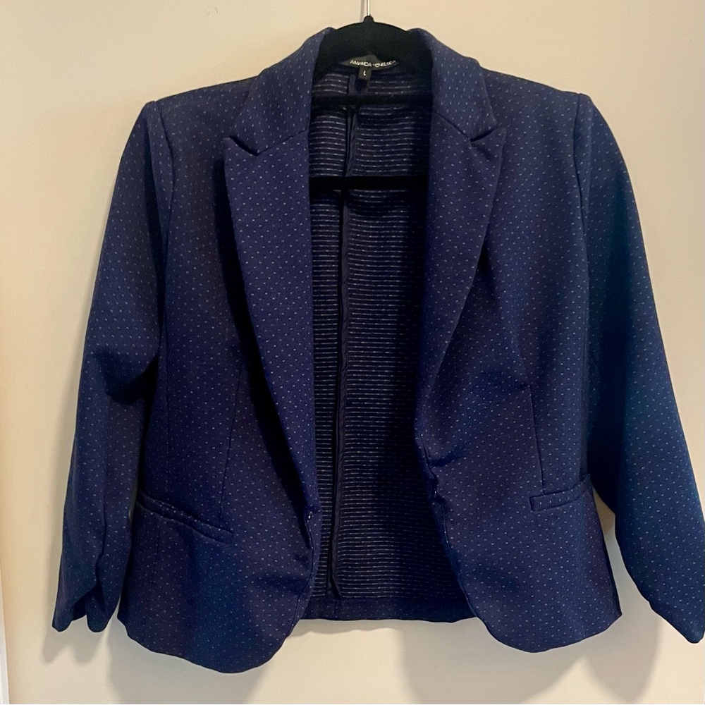 Amanda & Chelsea 3/4 ruched sleeve navy blue & white  blazer size large - Picture 2 of 9